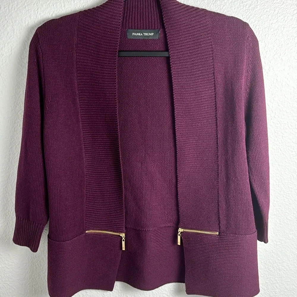 Ivanka Trump Plum Open Cardigan with Gold Zipper Detail - Picture 8 of 8